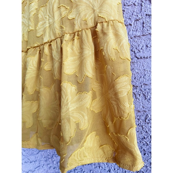 ORANGE CREEK Mustard Yelllw Textured Floral Chiffon Ruffle V Neck Midi Dress M - Picture 3 of 9